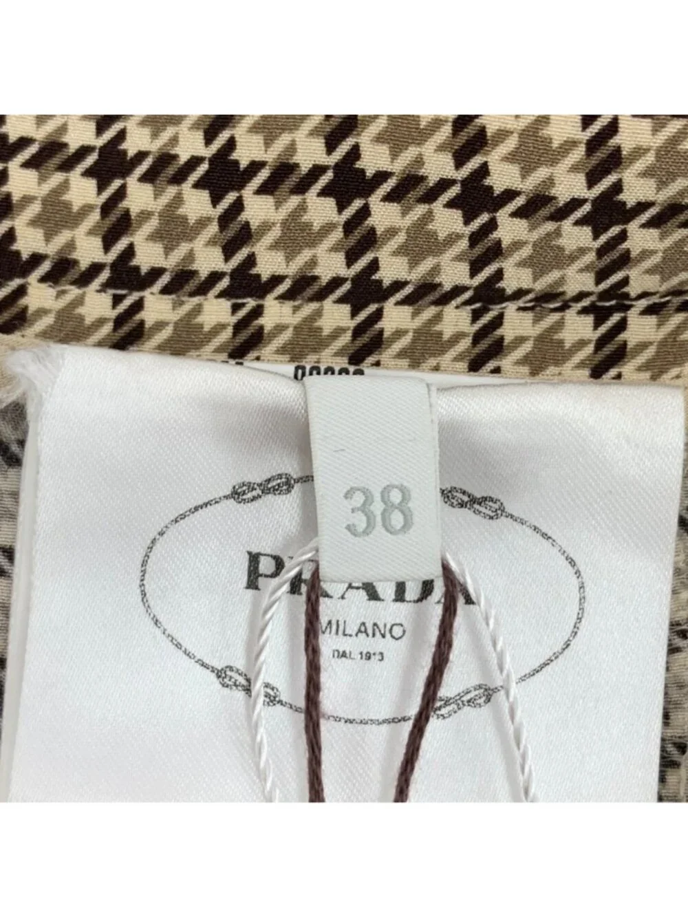 Prada 2023 Brown Houndstooth Silk Pleated A-Line Skirt
